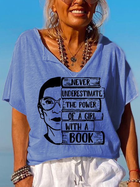 

Never Underestimate The Power Of A Girl With A Book Women's Short Sleeve T-Shirt, Blue, T-shirts