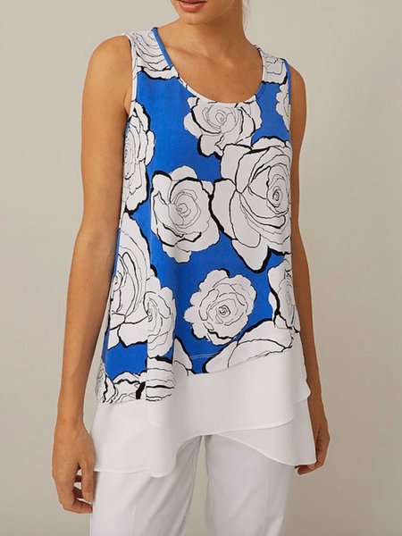 

Summer Sleeveless Lightweight Vacation Crew Neck Woven, Blue, Tunics