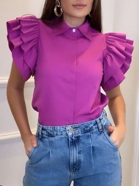 

Solid Vacation Shirt Collar Short Sleeve Blouse, Purple, Blouses and Shirts