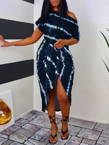

Vacation Slim Fit Tie Dye Short Sleeve Knit Dress, Blue, Midi Dresses
