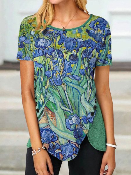 

Women Casual Irises Print Buttoned Short Sleeve Tops, Cyan, Shirts & Blouses