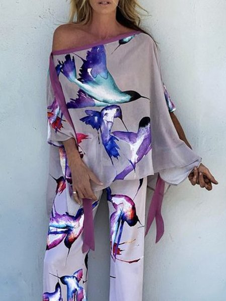 

Boat Neck Loosen Vacation Short Sleeve Top, Purple, Tops