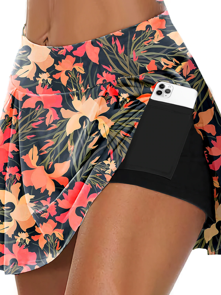 

Running Skirt Athletic Shorts Bottoms Printed 2 in 1 Side Pockets Shorts, Red, Shorts
