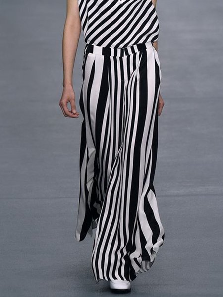 

Striped Casual Pants, Black-white, Wide Leg Pants