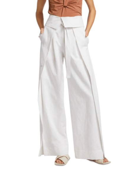

Summer High Waist Drawstring waist Loosen Plain Daily Pants, White, Wide Leg Pants