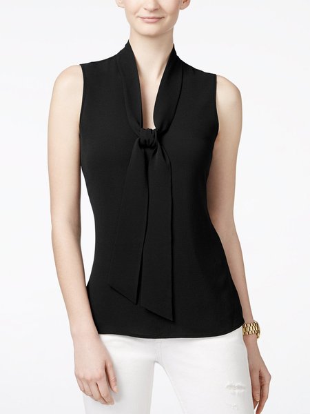 

Solid Lapel Simple Sleeveless, Black, Tunics