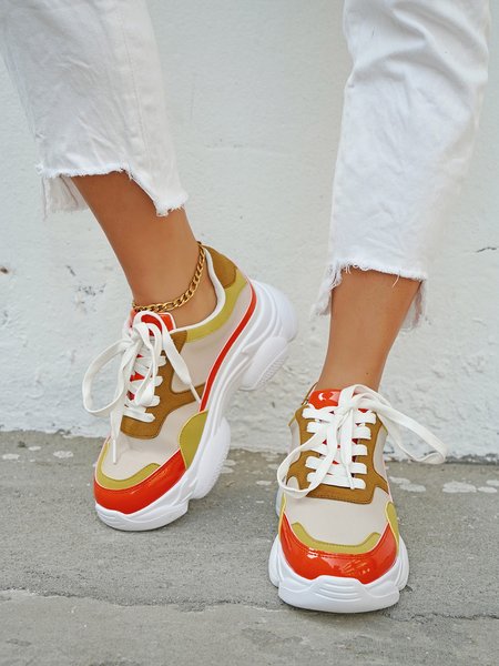 Orange Khaki Contrast Panel Tie Clunky Sneaker, Sneakers