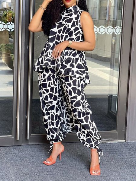 

Regular fit Elastic waist Abstract Pants, Black, Wide Leg Pants