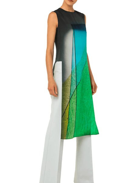 

Summer Lightweight Crew Neck Slit Abstract Simple Short Sleeve Daily Tops, Black-green, Tunics