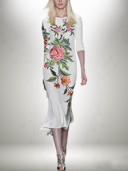 

Lady Crew Neck Floral Regular Fit Long Sleeve Midi Dress, Multicolor, Midi Dresses