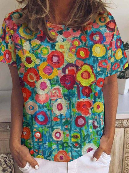 

Flower Abstract Print Short Sleeve T-Shirt, As picture, T-shirts