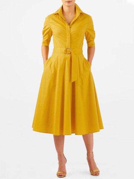 

Regular Fit Simple Shirt Collar Short Sleeve Woven Dress, Yellow, Midi Dresses
