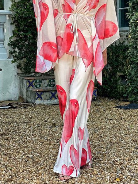 

Holiday Mid Waist Vacation Heart Pants, Red, Wide Leg Pants