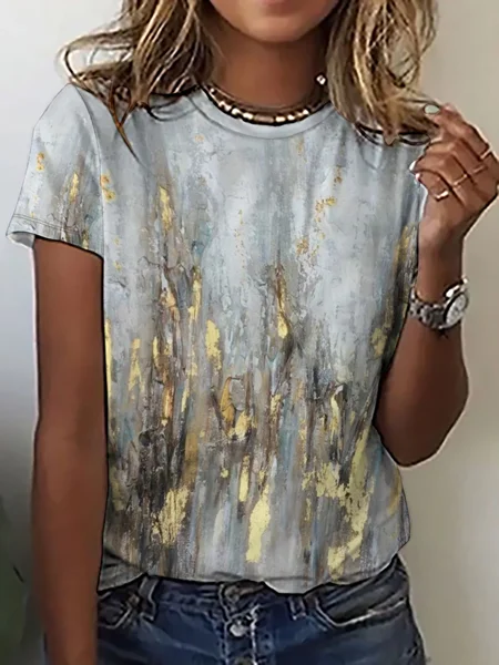 

Gleaming Gold Abstract Print Casual Short Sleeve T-Shirt, As picture, T-shirts