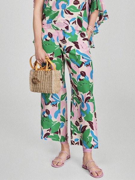 

Vacation Floral Regular Fit Pants, Multicolor, Wide Leg Pants