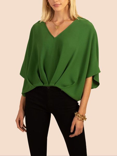 

Vacation V Neck Solid Short Sleeve Tops, Green, Tops