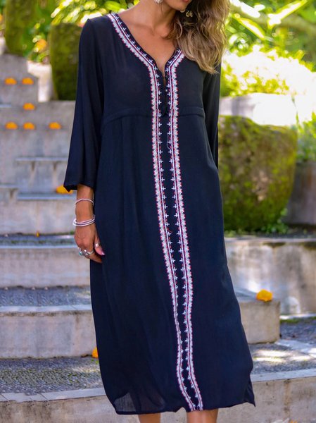

Guipure Tribal Long Sleeve Woven Dress, Black, Midi Dresses