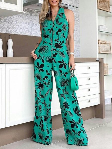 

Vacation Regular Fit Plants Jumpsuit & Romper, Cyan, Jumpsuits