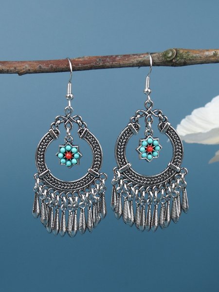 

Boho Ethnic Vintage Drop-Shaped Turquoise Tassel Earrings, Aqua blue, Earrings