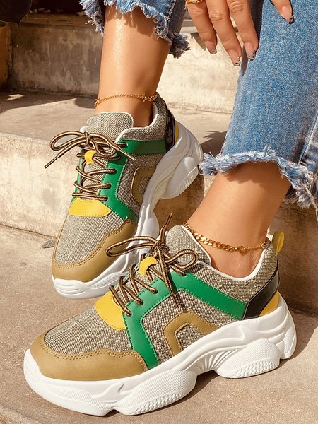 Green Khaki Contrast Panel Lace-Up Chunky Trainers Sneakers, Sneakers