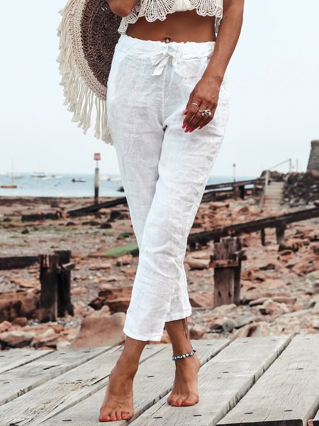 

Loosen Plain Pockets Casual Pants, White, Pants