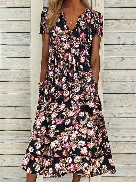 

Casual Floral V Neck Short Sleeve Knit Dress, Black, Dresses