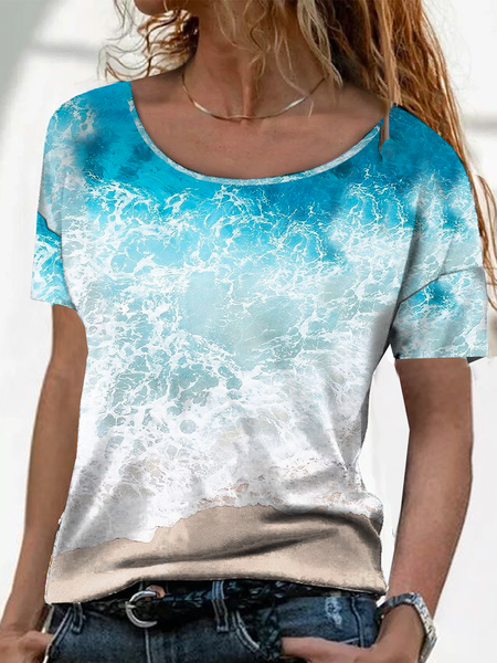 

Loosen Sea Crew Neck Short Sleeve T-Shirt, Blue, T-Shirts