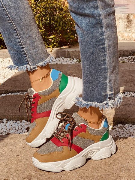 Red Khaki Contrast Panel Tie Clunck Sneaker, Sneakers