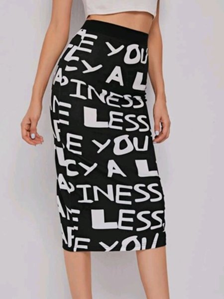 

Casual Letter Short Skirt, Black-white, Midi Skirts