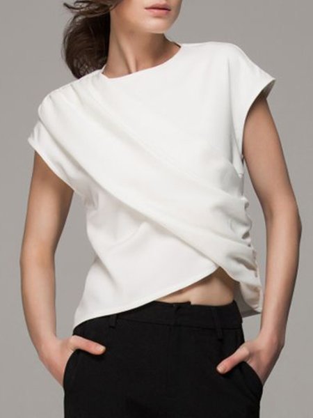 

Casual Crew Neck Short Sleeve Simple Top, White, Tops