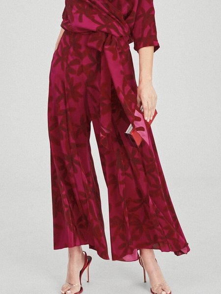 

Elegant Floral Regular Fit Pants, Red, Wide Leg Pants
