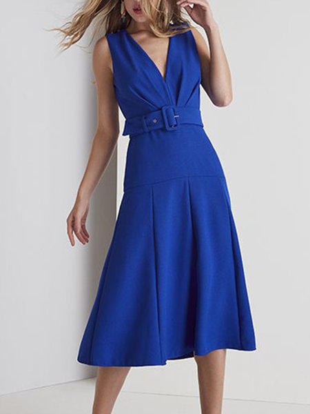 

Elegant V Neck Sleeveless Woven Dress, Blue, Midi Dresses