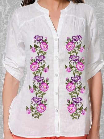 

Loosen Stand Collar Floral Long Sleeve Tops, White, Shirts & Blouses