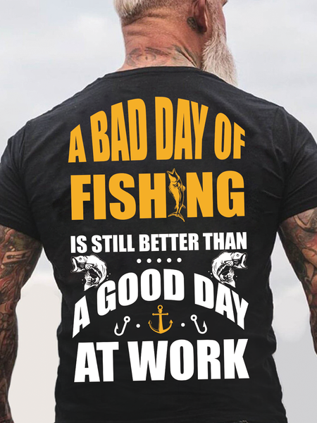 

Fishing Letter Crew Neck Casual Short Sleeve T-Shirt, Black, T-shirts