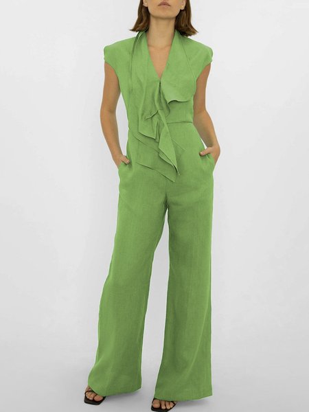 

V neck Casual Solid Regular Fit Jumpsuit & Romper, Green, Jumpsuits