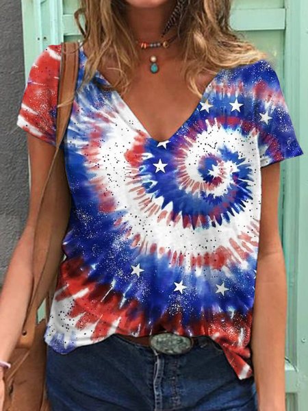 

Regular Fit V Neck Vacation Short Sleeve T-Shirt, Multicolor, T-Shirts