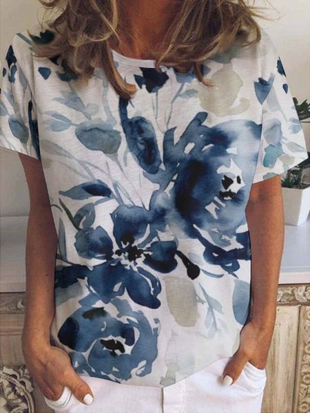 

Indigo Flower Art Print Casual Short Sleeve T-Shirt, As picture, T-shirts
