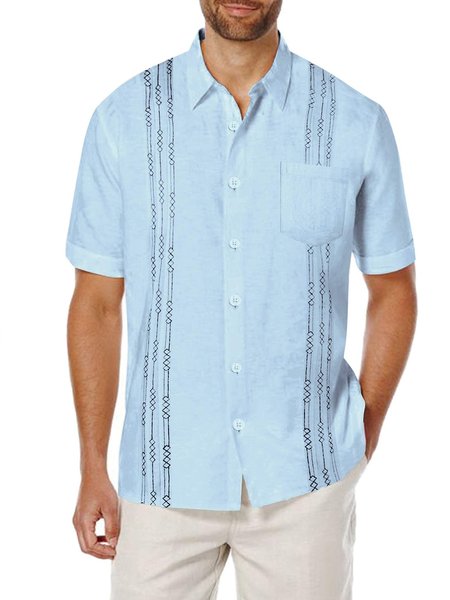 

Men's Linen Striped Embroidered Shirt, Lightblue, Shirts ＆ Blouse