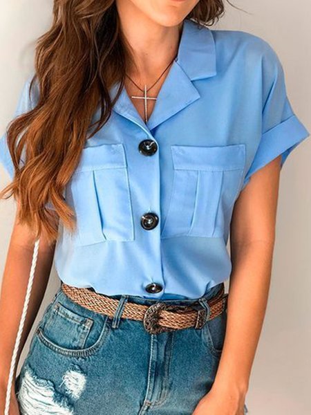 

Shirt Collar Casual Short Sleeve Blouse, Blue, Blouses and Shirts