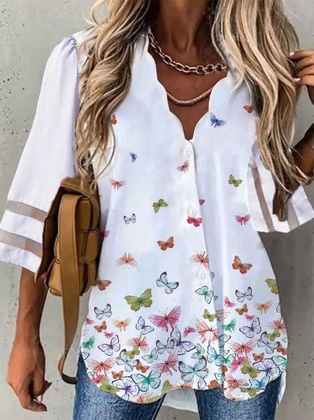 

Casual Butterfly V Neck Mid Sleeve Blouse, White, Shirts & Blouses
