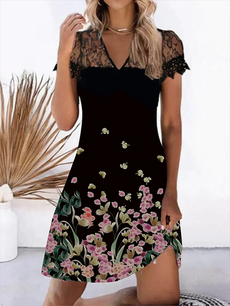 

Floral Lace V neck Casual Short Sleeve Knit Dress, Black, Mini Dresses