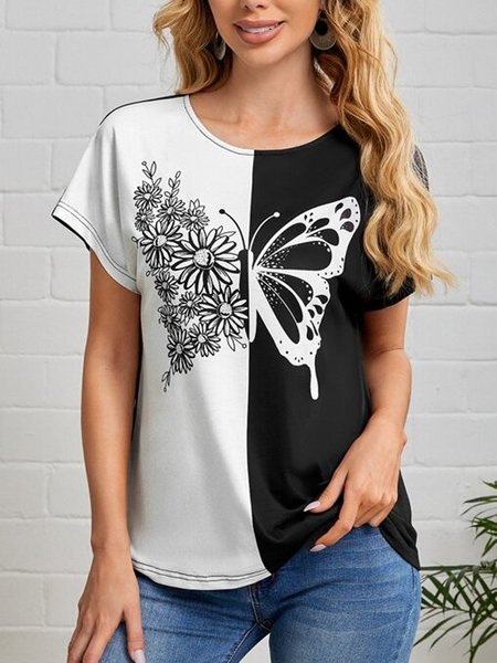 

Loose Butterfly Casual Crew Neck Cotton Blends Short Sleeve T-Shirt, Black-white, T-Shirts