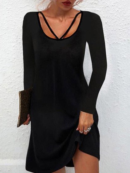 

Crew Neck Casual Long Sleeve Woven Dress, Black, Elegant Dresses
