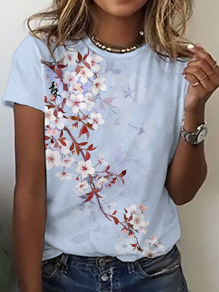 

Casual Floral Short Sleeve T-Shirt, Blue, T-Shirts