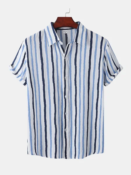 

Lapel Striped Cotton Blends Vacation Short Sleeve Shirt, Blue, Shirts ＆ Blouse