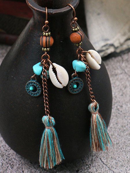 

JFN Vintage Wood Beads and Shell Fringe Earrings, Blue, Earrings