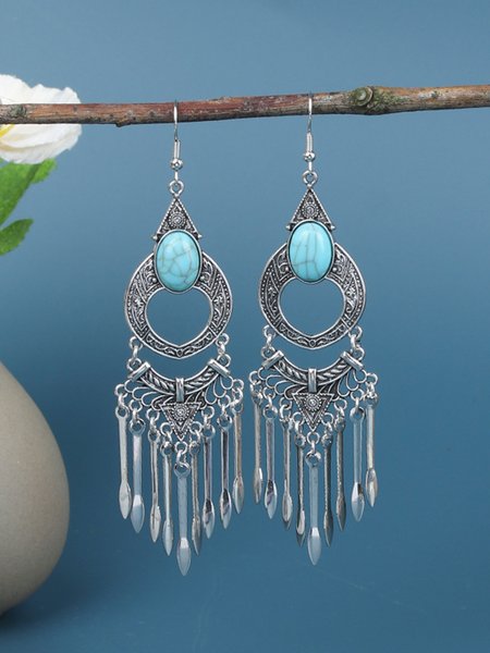 

Ethnic Vintage Drop-Shaped Turquoise Long Tassel Earrings, Aqua blue, Earrings