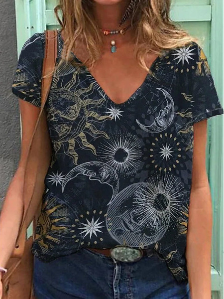 

V Neck Geometric Casual Short Sleeve Tops, Multicolor, T-Shirts