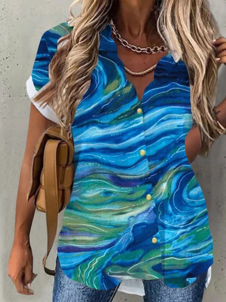 

Casual Sea Short Sleeve Plus Size Printed Blouses, Blue, Blouses & Shirts