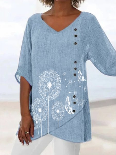 Dandelion V Neck 3/4 Sleeve Plus Size Casual Tops, Blue, Tops